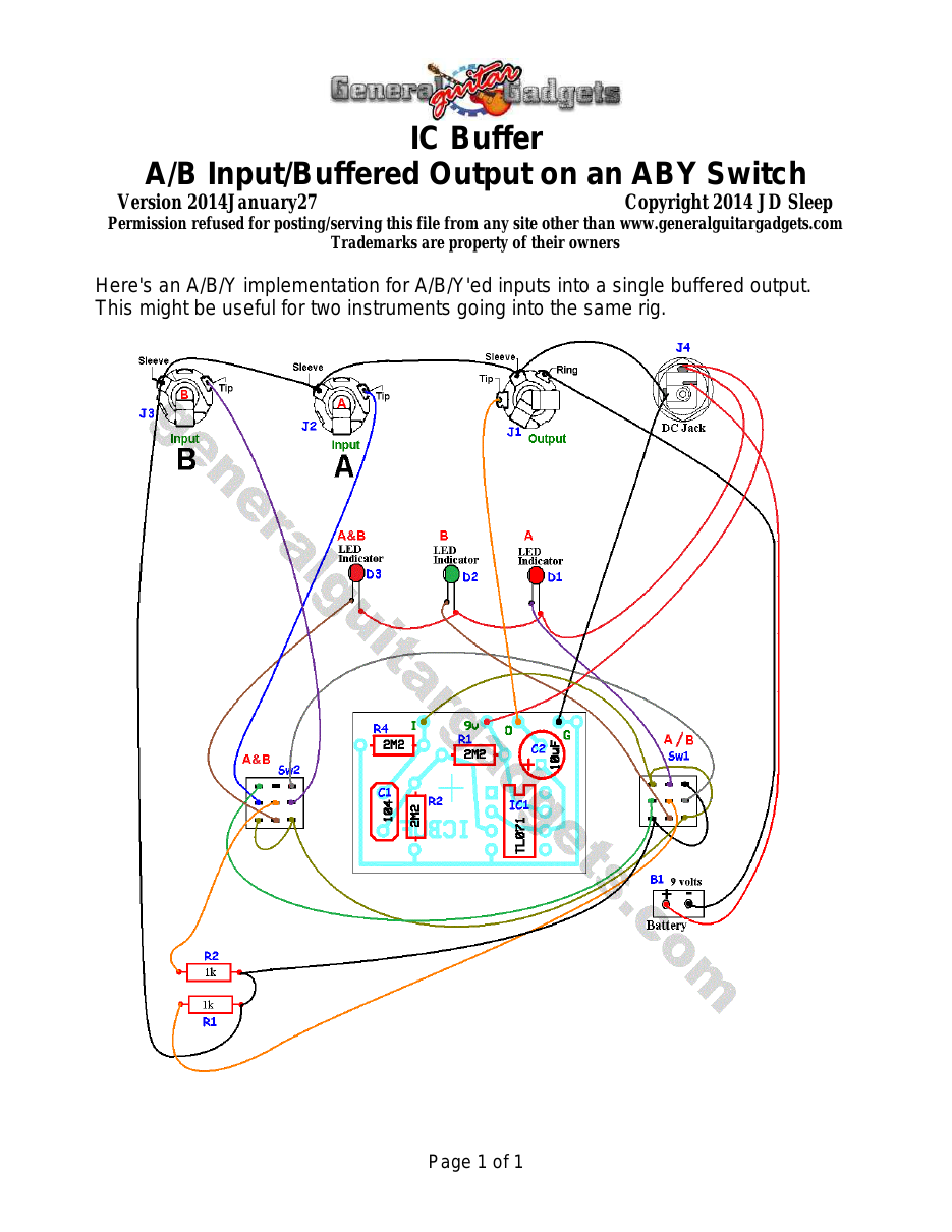 Switch Box with A/B/Y inputs and a buffered output (Parts Layout and Wiring Diagram) (Untested!)