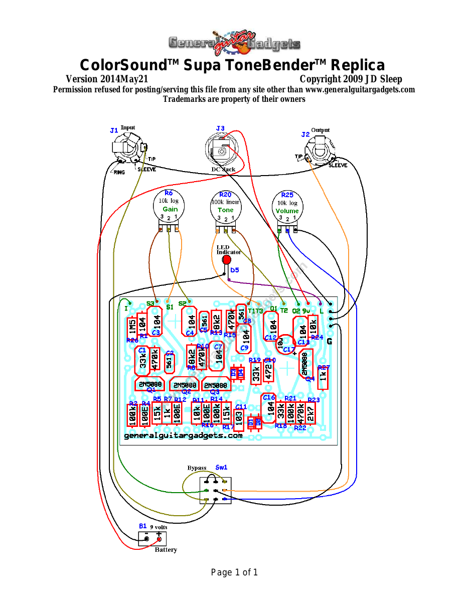 Supa ToneBender™ Parts Layout and wiring diagram