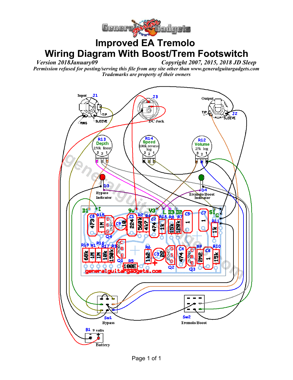 Improved EA Tremolo with Trem/Boost footswitch Parts Layout and Wiring Diagram