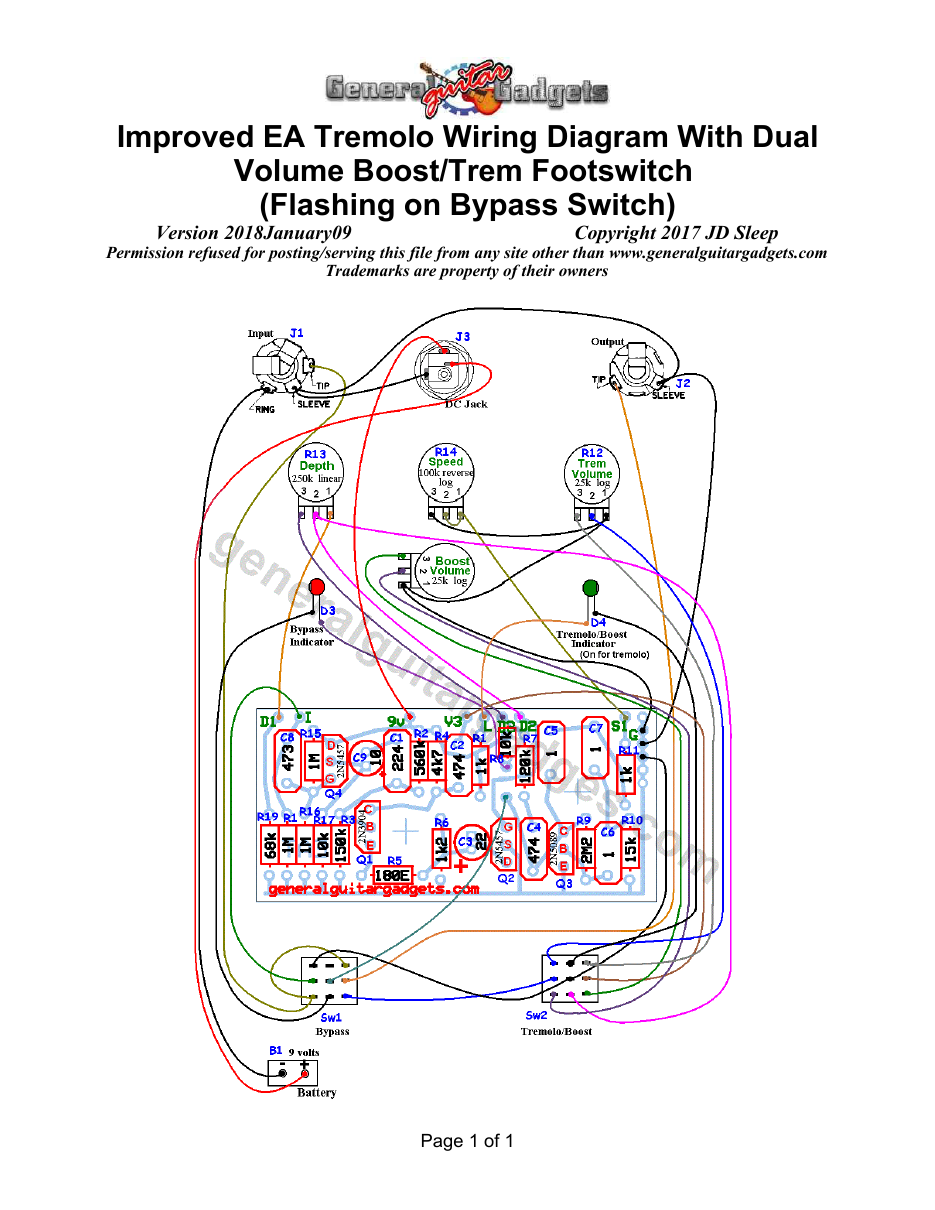 Improved EA Tremolo with Trem/Boost footswitch and Volume Controls with flashing LED on the bypass switch Parts Layout and Wiring Diagram