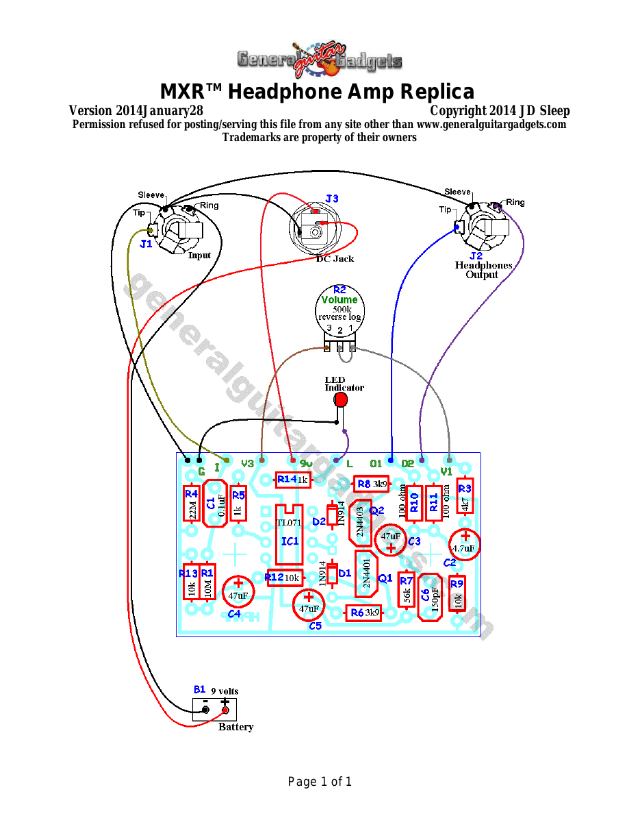 MXR™ Headphone Amp Parts Layout and Wiring Diagram