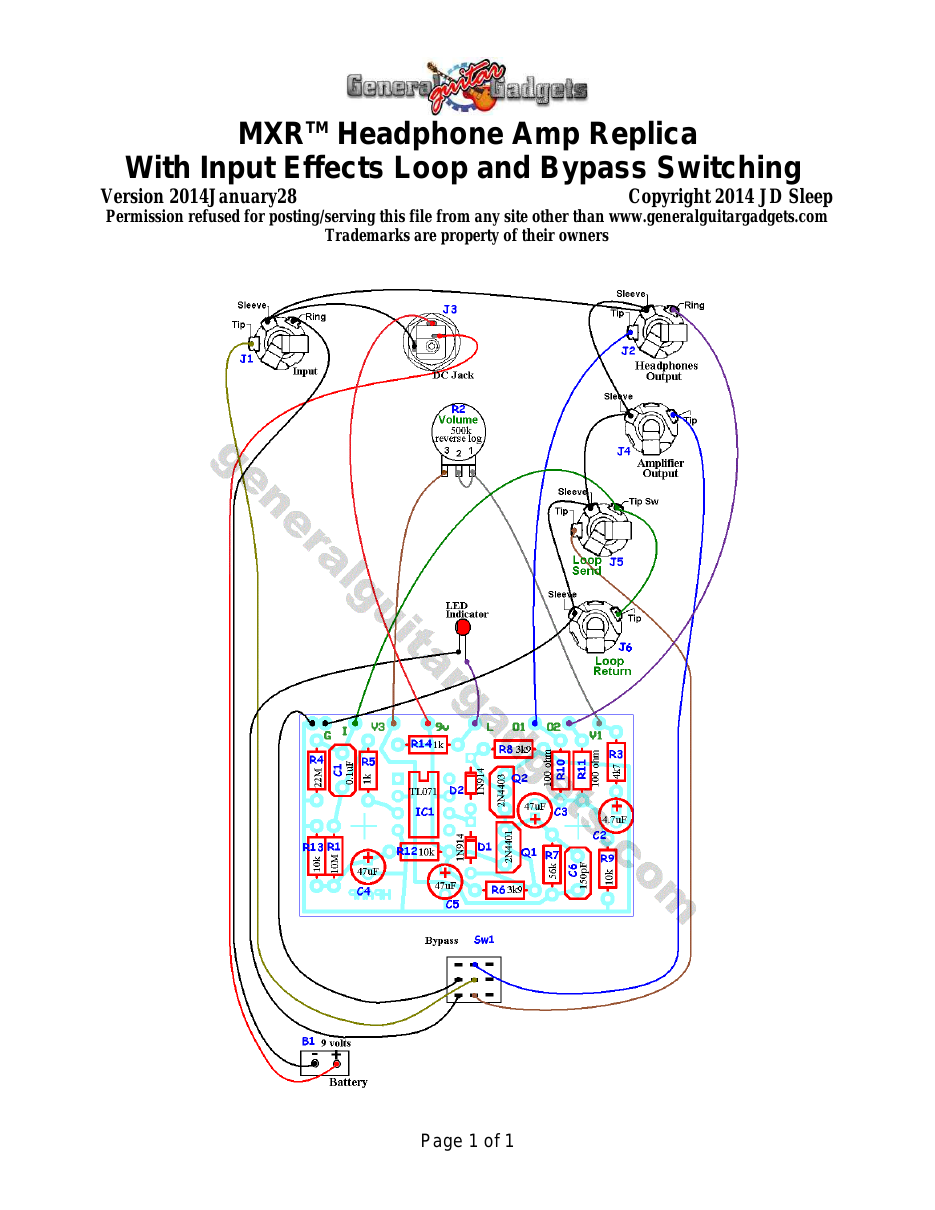 MXR™ Headphone Amp Parts Layout and Wiring Diagram (with Loop and bypass options)