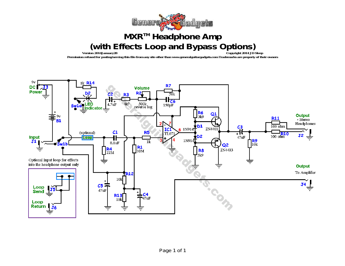 MXR™ Headphone Amp Schematic (with Loop and bypass options)