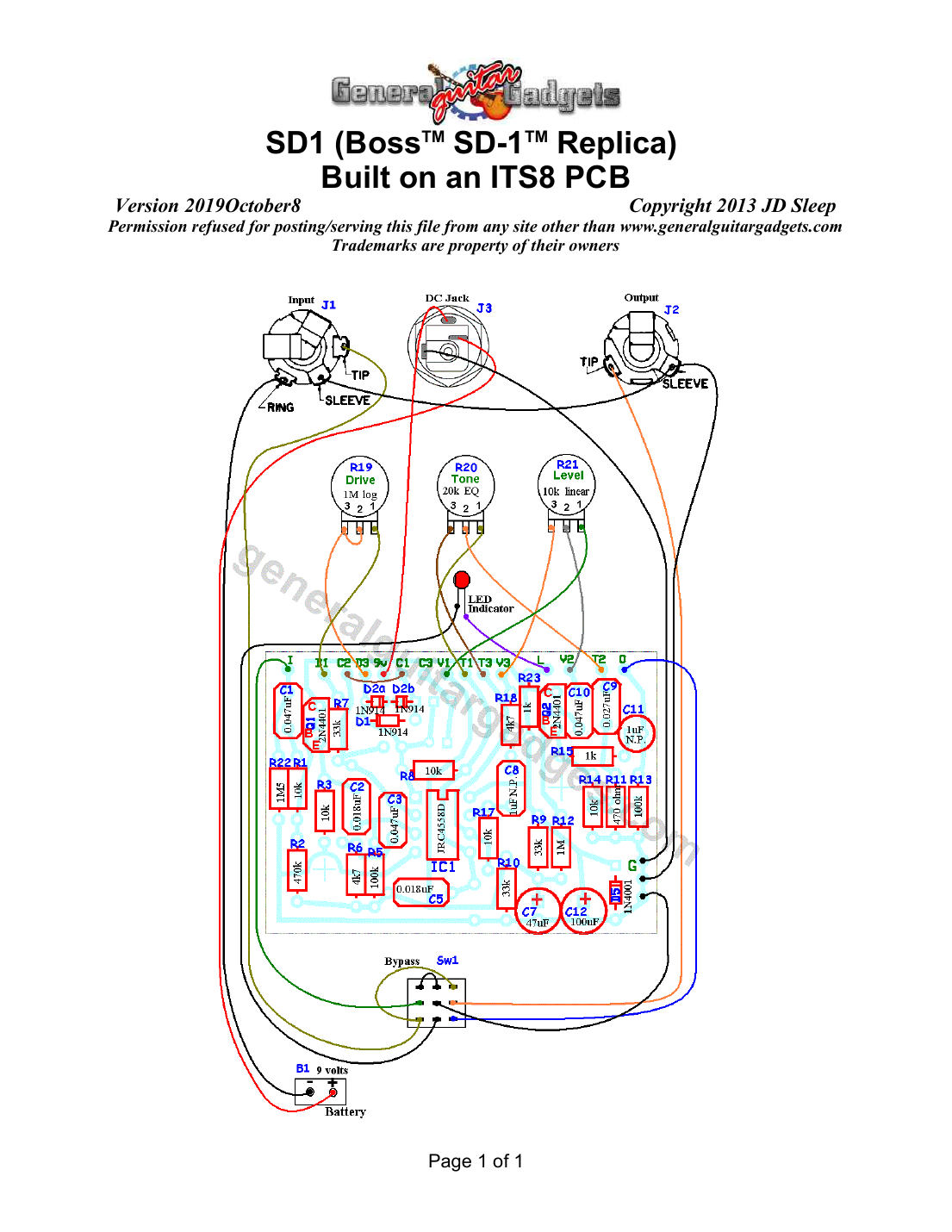 Boss SD-1 Parts Layout/Wiring Diagram