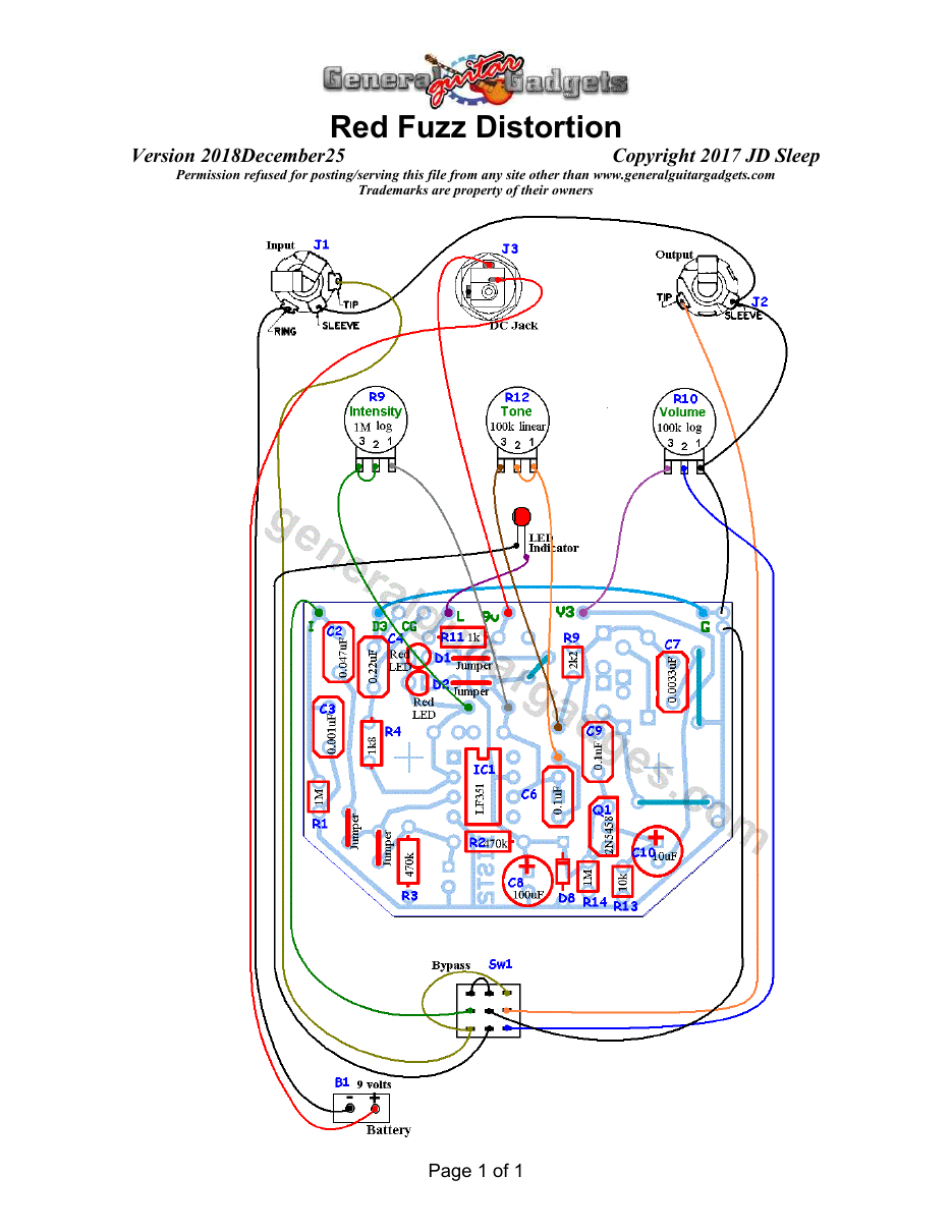Red Fuzz Parts Layout and Wiring Diagram