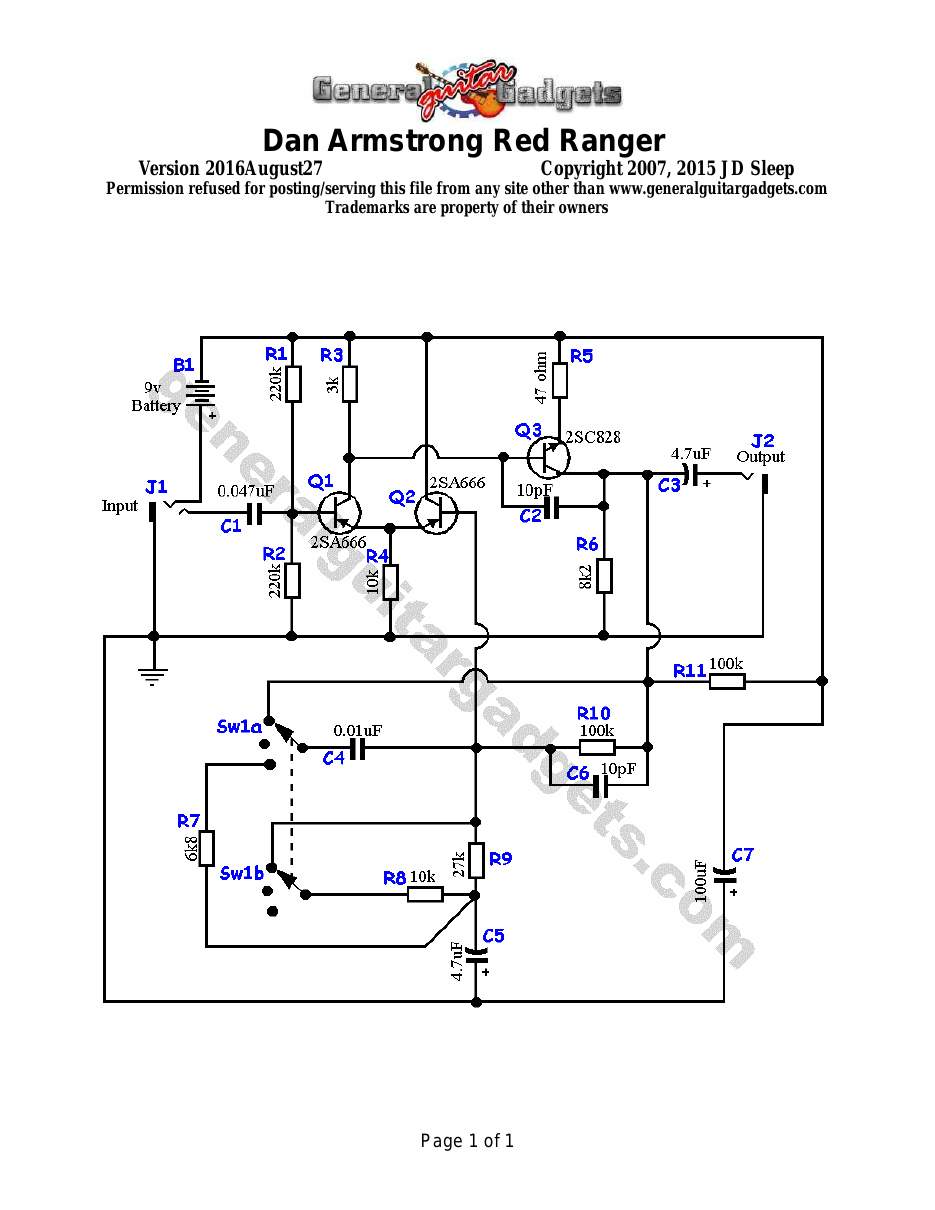 Original Dan Armstrong Red Ranger Booster Replica Schematic