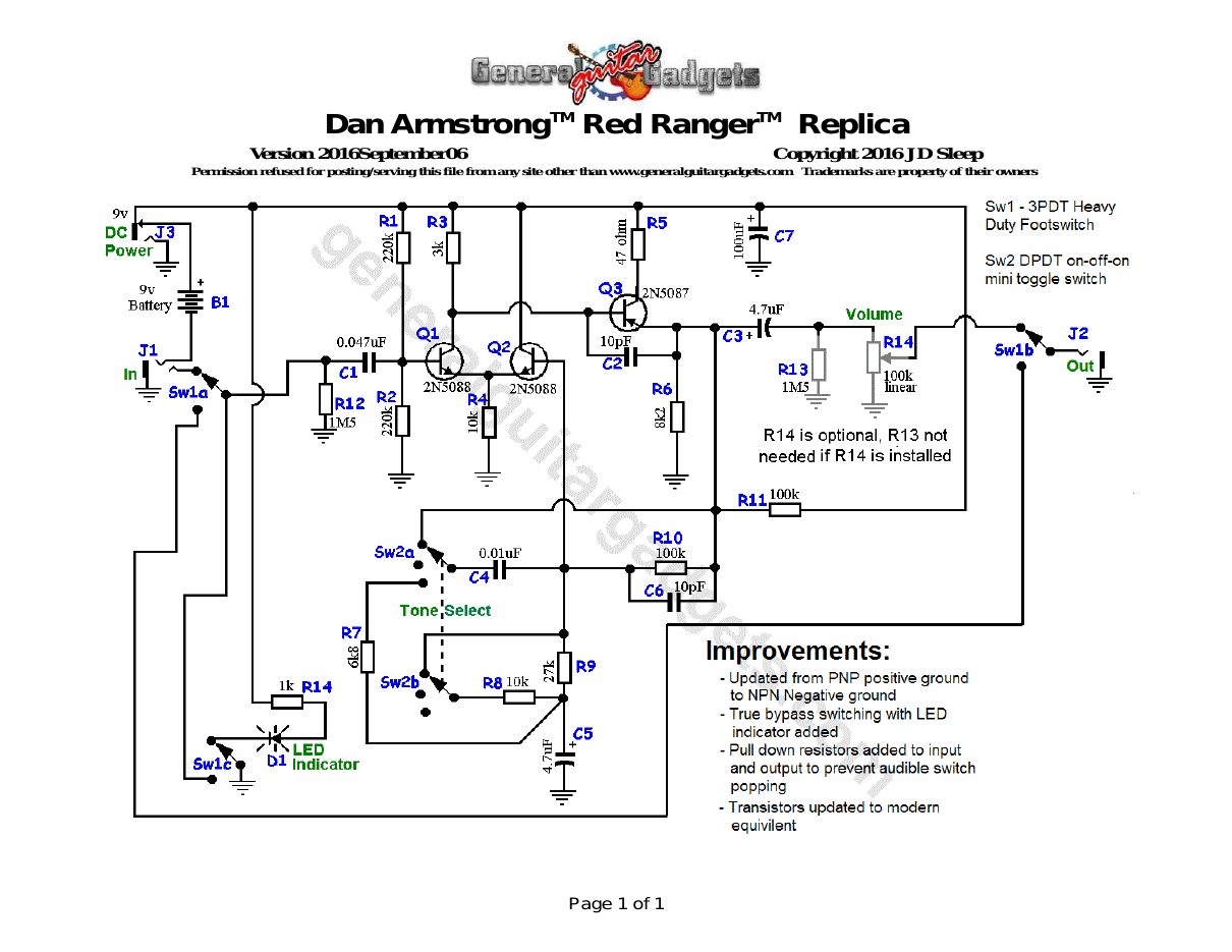 Dan Armstrong Red Ranger Booster Replica Updated Schematic