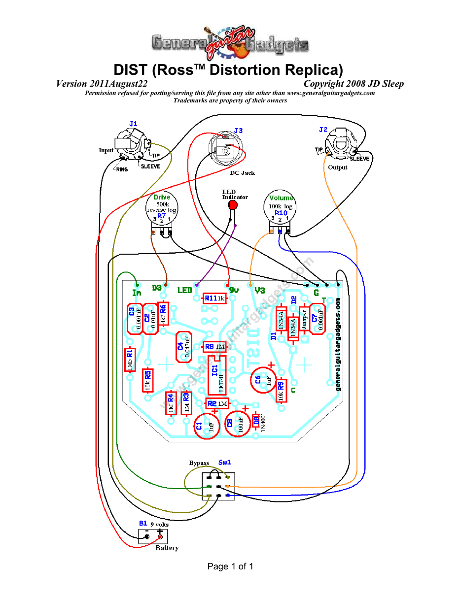Ross Distortion Parts Layout and Wiring Diagram