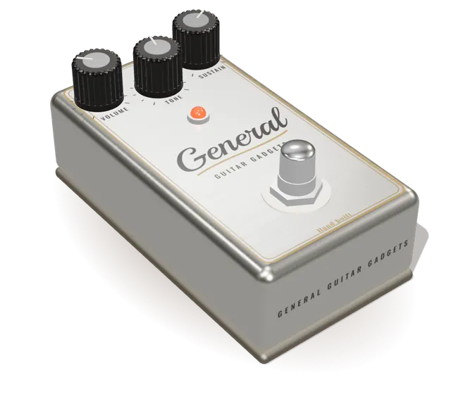 A finished General Guitar Gadgets stompbox in brushed aluminum with three black knobs, a red LED and a chrome footswitch